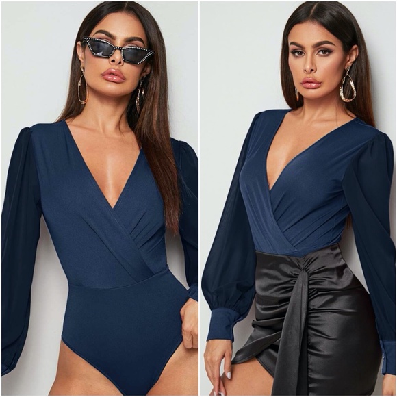 burgundy vneck overlap wide sleeve bodysuit - Picture 5 of 11